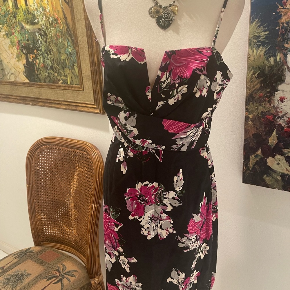 Donna Ricco Black Midi Dress with Pink and White Floral Pattern